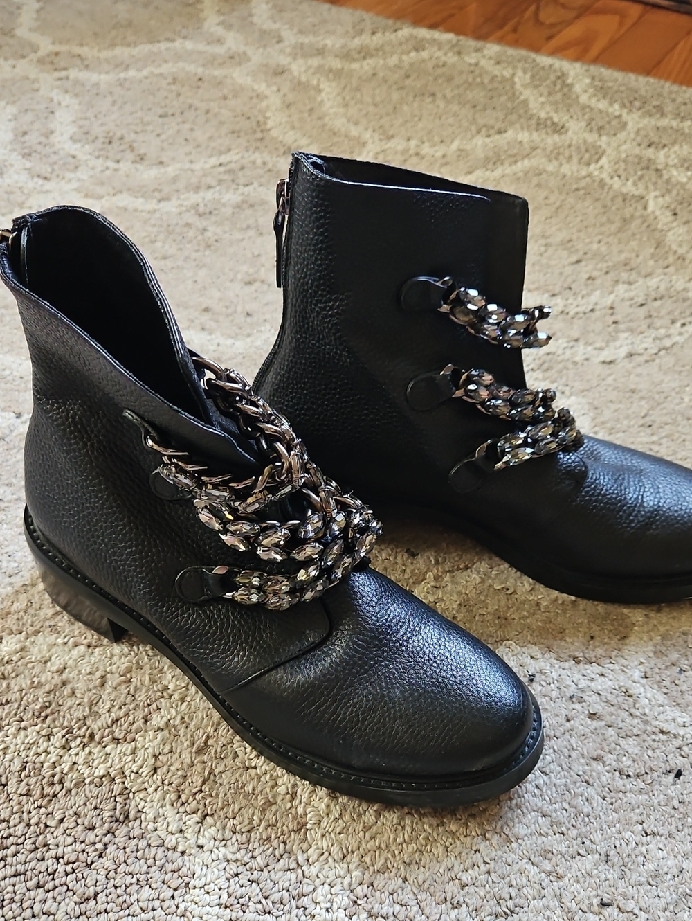 Women's Black Leather Ankle Boots with Decorative Chain